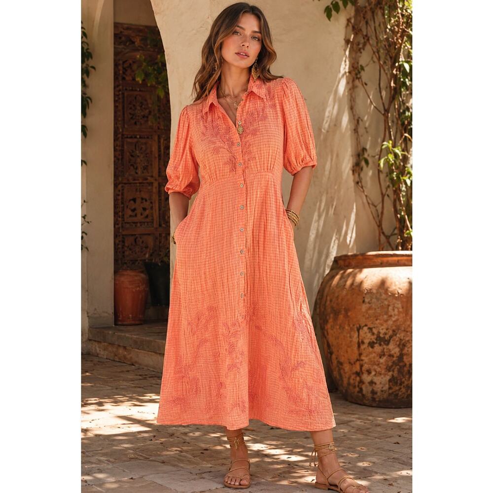 Johnny Was Orla Cotton Shirt Dress PeachPink Vintage Look XS Feminine Embroidery